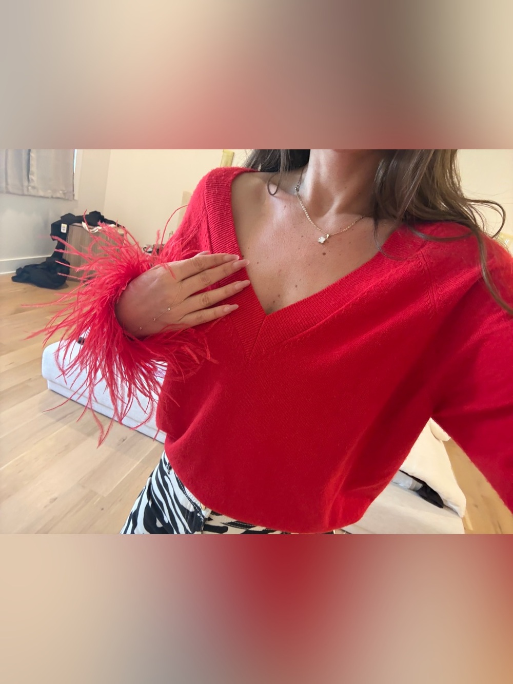 Milly Red Feather-Cuff V-Neck Sweater